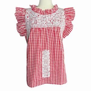 J Marie embroidered Brynlee Gingham Top M Retail $106 Red Cottagecore Western